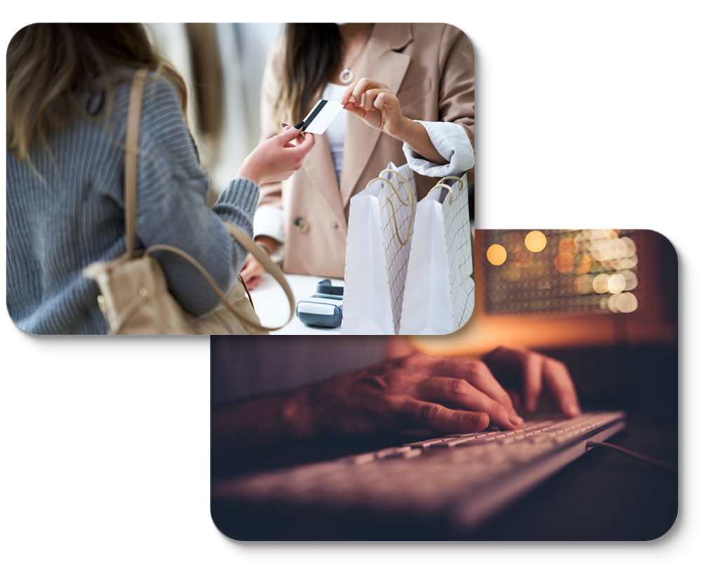Two images; first depicts a woman handing the female clerk her credit card to complete a transaction. The other of a man typing on a computer keyboard.