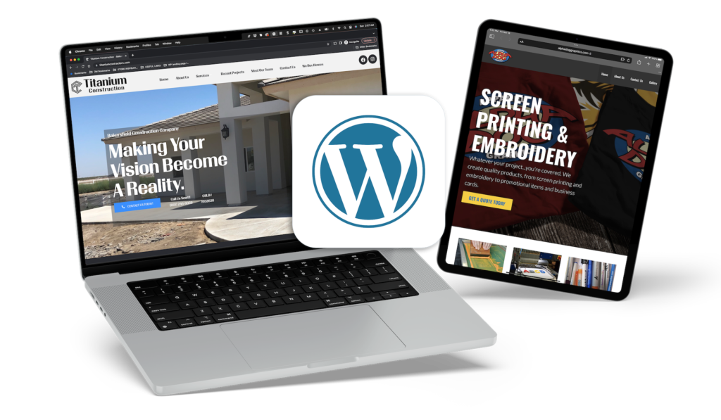 A laptop and iPad displaying different website's with a WordPress logo between them.